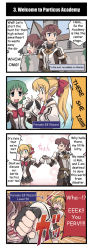 1boy 2girls 4koma ahoge alternate_language arrow_(symbol) artist_request belt blonde_hair blood blush bow bowtie brown_hair brown_skirt clenched_hand closed_eyes comic cowboy_shot elf elf_(totomono) emphasis_lines english_text fingerless_gloves gameplay_mechanics gloves green_eyes green_hair hair_ornament hairband hard-translated highres holding_hands human_(totomono) in_the_face ken_to_mahou_to_gakuen_mono lips multiple_girls official_art open_mouth parted_lips pleated_skirt pointy_ears ponytail punching red_bow red_bowtie school_uniform skirt smile speech_bubble talking teeth third-party_edit translated upper_body rating:Sensitive score:0 user:danbooru