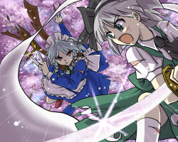  between_fingers black_hairband black_necktie black_ribbon blue_dress brown_scarf cherry_blossoms clearfile cuts dress fighting green_eyes green_vest grey_hair hairband hakugyokurou holding holding_knife holding_sword holding_weapon incoming_attack injury izayoi_sakuya knife knives_between_fingers konpaku_youmu konpaku_youmu_(ghost) maid_headdress motion_lines necktie open_mouth perfect_cherry_blossom perspective red_eyes ribbon scarf short_hair skirt skirt_set speed_lines sword torn_clothes touhou tree vest weapon 