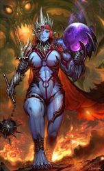  1girl abs armor asymmetrical_arms aura bad_id bad_twitter_id ball_and_chain_(weapon) barefoot biceps bikini_armor black_cape blue_skin breasts cape chain_mace circlet cleavage colored_skin crown demon_girl embers epic extra_eyes facial_scar fire flail gem glowing half_mask highres holding holding_weapon jewelry large_breasts lava long_hair looking_at_viewer mask medium_breasts monster monster_girl muscular muscular_female nails navel nekoemonn o-ring outdoors parted_lips pauldrons pointy_ears red_cape red_eyes red_hair revealing_clothes scar scar_on_cheek scar_on_face sharp_toenails shoulder_armor signature slit_pupils smile smoke spiked_ball thong toenails torn_cape torn_clothes underwear veins veiny_arms walking weapon  rating:Sensitive score:52 user:danbooru
