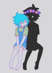  2boys antenna_hair barefoot basil_(headspace)_(omori) basil_(omori) black_hair black_shirt black_shoes black_skin blue_overalls blush closed_eyes colored_skin dual_persona flower green_hair green_shirt grey_background head_wreath highres looking_at_another male_focus multiple_boys omori open_mouth overall_shorts overalls saji_neko shirt shoes short_hair short_sleeves simple_background sitting smile stranger_(omori) t-shirt white_eyes white_skin 