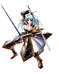  1girl armor armored_dress ascot bad_id black_armor blue_hair breasts cleavage dress dual_wielding faulds full_body gloves gold_trim greaves holding holding_sword holding_weapon large_breasts long_hair monster_hunter_(character) monster_hunter_(series) monster_hunter_frontier purple_eyes shoulder_armor sima_(yggdrasil) simple_background solo sword weapon white_ascot white_background white_gloves 