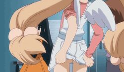  3girls animated animated_gif ass blonde_hair bottomless butt_crack kodomo_no_jikan kokonoe_rin loli long_hair looking_at_viewer mooning multiple_girls nude_filter presenting presenting_ass pulling_own_clothes smile third-party_edit undressing wings 