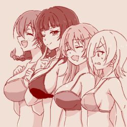  4girls asaka_karin bikini blush braid bust_chart breast_envy breasts bust_chart clenched_teeth closed_eyes closed_mouth drooling emma_verde freckles growth170 hair_ornament hairclip konoe_kanata large_breasts long_hair looking_at_breasts looking_at_viewer love_live! love_live!_nijigasaki_high_school_idol_club medium_breasts mia_taylor mole monochrome multiple_girls one_eye_closed open_mouth parted_lips saliva short_hair sideboob simple_background smile standing sweatdrop swimsuit teeth twin_braids upper_body wink year_connection 