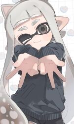  1girl animal_ear_hairband animal_ears black_eyes black_shorts black_sweater cat_ear_hairband cat_ears closed_mouth commentary double_w fake_animal_ears grey_hair grid_background hairband heart highres inkling inkling_girl inkling_player_character long_hair looking_at_viewer nintendo one_eye_closed sabata_saba shorts signature sleeves_past_wrists solo splatoon_(series) splatoon_3 sweater tentacle_hair w 
