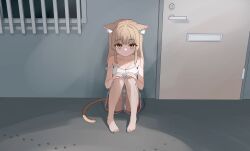  1girl absurdres animal_ears bare_shoulders barefoot breasts camisole cat_ears cat_girl cat_tail door extra_ears full_body gori_wakamaru grate hands_on_own_knees highres long_hair looking_at_viewer medium_breasts on_ground orange_eyes original panties paw_print pink_shorts shorts sitting strap_slip sweat tail underwear white_camisole white_panties window 