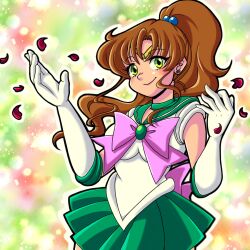  1girl back_bow bishoujo_senshi_sailor_moon bow bowtie brown_hair choker circlet earrings elbow_gloves falling_petals flower_earrings gloves green_brooch green_choker green_eyes green_sailor_collar green_skirt hair_bobbles hair_ornament highres jewelry long_hair looking_at_viewer petals pink_bow pink_bowtie rai_(fortunecookie) sailor_collar sailor_jupiter sailor_senshi_uniform shirt skirt smile solo white_gloves white_shirt 
