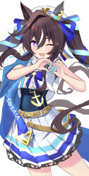  1girl ;d amutaro anchor_ornament animal_ears blue_ribbon bright_pupils brown_hair character_name commentary cowboy_shot crop_top crop_top_overhang cropped_shirt ear_covers floating_hair hair_ribbon hat heart heart_hands heart_in_heart_hands highres horse_ears horse_girl horse_tail long_hair long_sidelocks looking_at_viewer miniskirt mole mole_under_eye multicolored_hair one_eye_closed open_mouth pleated_skirt purple_eyes ribbon sailor_collar shirt sidelocks simple_background single_ear_cover single_hair_intake skirt sleeveless sleeveless_shirt smile solo standing streaked_hair tail twintails umamusume very_long_hair vivlos_(umamusume) white_background white_hair white_hat white_sailor_collar white_shirt white_skirt 