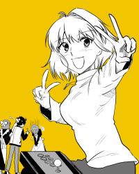  1boy 3girls :3 :d apologizing apron arcade_stick arcueid_brunestud blush bowing breasts controller double_v game_controller hisui_(tsukihime) jacket japanese_clothes jewelry joystick kimono kohaku_(tsukihime) large_breasts looking_at_viewer maid maid_apron maid_headdress melty_blood melty_blood:_type_lumina metarogu monochrome multiple_girls necklace open_mouth short_hair siblings sisters skirt smile sweater tohno_shiki tsukihime tsukihime_(remake) turtleneck turtleneck_sweater twins v 