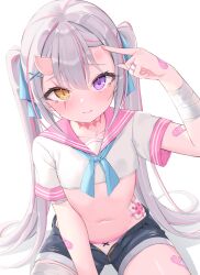  1girl aqua_ribbon bandage_on_hip bandaged_arm bandaged_leg bandages bandaid bandaid_on_arm bandaid_on_hand bandaid_on_leg blood bloody_bandages blush bow bow_panties breasts bruise center-flap_bangs closed_mouth collarbone commentary_request cowboy_shot crop_top cropped_shirt denim denim_shorts grey_hair hair_ornament hair_ribbon hair_spread_out hand_up heartsix heterochromia highres horns index_finger_raised injury long_hair looking_at_viewer navel neck_ribbon oni open_clothes open_fly open_shorts original panties pink_sailor_collar pointing pointing_at_self purple_eyes raised_inner_eyebrows ribbon sailor_collar sailor_shirt scar scar_across_eye scar_on_face shadow shirt short_shorts shorts simple_background single_horn sitting small_breasts solo stomach tearing_up twintails underwear unzipped very_long_hair white_background white_panties white_shirt x_hair_ornament yellow_eyes zipper zipper_pull_tab 