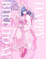  1girl animal_ears award_ribbon back_bow blue_hair bonnet bow bowtie brown_eyes commentary_request crossed_bangs dated fake_animal_ears floating floral_print frilled_bonnet frilled_kimono frilled_sleeves frills from_side full_body gloves grin gyosite half-closed_eyes hanayagi_kaoruko hand_up happy_birthday highres japanese_clothes jewelry kimono looking_at_viewer medium_hair okobo pink_background pink_bonnet pink_bow pink_bowtie pink_kimono pink_sash pink_shoes pink_theme platform_sandals print_kimono rabbit_ears ringlets sandals sash shoes shoujo_kageki_revue_starlight sidelocks smile solo squinting white_bow white_gloves zoom_layer 