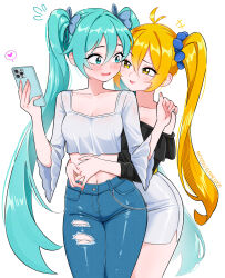  2girls absurdres akita_neru black_shirt blonde_hair blue_bow blue_eyes blue_hair blue_scrunchie blush bow breasts cellphone cleavage cropped_shirt denim elpipe_3000 frilled_shirt frills hair_between_eyes hair_bow hair_ornament hair_scrunchie hatsune_miku highres holding holding_phone hug hug_from_behind jeans long_hair multiple_girls navel off-shoulder_shirt off_shoulder open_mouth orange_nails pants pencil_skirt phone scrunchie shirt sidelocks skirt smartphone torn_clothes torn_jeans torn_pants twintails vocaloid white_shirt yellow_eyes yuri 