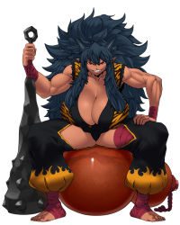 1girl animal_print ankle_wrap arm_wrap barefoot big_hair black_panties blue_hair breasts breasts_on_lap cleavage club club_(weapon) dark-skinned_female dark_skin female_focus gourd grin horns huge_breasts huge_weapon kanabou leaning_forward leg_wrap long_hair looking_at_viewer messy_hair muscular muscular_female oni oni_horns oversized_object panties planted pointy_ears red_eyes sharp_teeth shuten_douji_(tokyo_tenma) sidelocks sitting sleeveless smile solo spacezin spiked_club spread_legs teeth tiger_print tokyo_tenma tokyo_tenma:_devil_slave underwear weapon rating:Sensitive score:133 user:danbooru