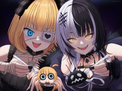  absurdres akai_haato akai_haato_(9th_costume) aozora_(aozora2277) black_choker black_coat black_dress black_hair black_nails blonde_hair blue_eyes breasts choker cleavage coat dress eyepatch fur-trimmed_coat fur_trim grey_hair highres holding holding_spoon hololive hololive_english jewelry large_breasts long_hair looking_at_viewer medium_hair multicolored_hair official_alternate_costume ribbon ring shiori_novella shiori_novella_(1st_costume) spiderchama split-color_hair spoon two-tone_hair virtual_youtuber white_ribbon yellow_eyes yorick_(shiori_novella) 