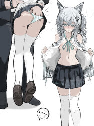  1boy 1girl absurdres animal_ears arknights ass bare_shoulders black_skirt blue_eyes blue_ribbon blush breasts cat_ears cat_girl commentary_request doctor_(arknights) embarrassed hair_between_eyes hair_ornament hairclip hand_in_another&#039;s_panties hetero highres hug infection_monitor_(arknights) long_hair medium_breasts miniskirt multiple_views navel neck_ribbon nervous nipples no_bra no_tail open_clothes open_shirt panties parted_lips plaid_clothes plaid_skirt pleated_skirt presenting ribbon rosmontis_(arknights) skirt small_breasts solo_focus standing stomach striped_clothes striped_panties thighhighs thighs tiptoes underwear undressing whate=3r white_hair 
