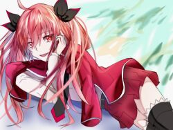 &gt;:) 1girl ahoge arm_support belt black_belt black_ribbon black_thighhighs blurry blurry_background collar commentary_request dande_cat date_a_live eyelashes feet_out_of_frame frilled_thighhighs frills hair_between_eyes hair_ribbon hand_on_own_face itsuka_kotori jacket long_hair looking_at_viewer lying miniskirt necktie on_side open_mouth pleated_skirt red_eyes red_hair red_jacket red_necktie red_skirt ribbon shirt sidelocks simple_background skirt smile solo teeth thighhighs twintails uniform upper_teeth_only v-shaped_eyebrows very_long_hair white_collar white_shirt zettai_ryouiki rating:General score:4 user:danbooru