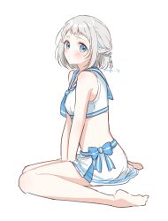  1girl barefoot bikini bikini_skirt blue_bow blue_eyes blue_necktie blue_ribbon blue_sailor_collar blush bow braid commentary from_side gakuen_idolmaster grey_hair hair_ribbon highres idolmaster katsuragi_lilja looking_at_viewer looking_to_the_side nagi_7g necktie ribbon ribbon_braid sailor_bikini sailor_collar sailor_swimsuit_(idolmaster) short_hair sidelocks signature simple_background sitting solo swimsuit symbol-only_commentary v_arms wariza white_background white_bikini 