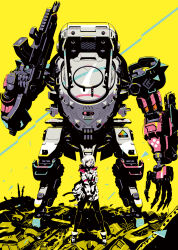  ada_(synduality) behind_another belt bob_cut bodysuit boots bowie_rabbit full_body gun gyoubu_ippei highres holding holding_gun holding_weapon joints legs_apart mecha over_shoulder red_eyes robot ruins standing synduality synduality_echo_of_ada weapon weapon_over_shoulder white_hair  rating:General score:7 user:danbooru