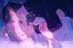  2boys alien_stage black_hair black_shirt closed_eyes collared_shirt commentary green_eyes grey_hair hand_on_another&#039;s_face hand_on_another&#039;s_head hashtag-only_commentary highres holding_another&#039;s_arm ivan_(alien_stage) kiss long_sleeves male_focus multiple_boys nahuhnaur open_mouth shirt short_hair till_(alien_stage) very_short_hair white_shirt yaoi 