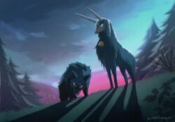  2boys animal_focus bell chirin chirin_no_suzu forest highres horns multiple_boys nature neck_bell no_humans outdoors pine_tree red_eyes scar scar_across_eye scar_on_face shadow sharp_teeth sheep sheep_horns sunset teeth tree uninori wolf woo_(chirin_no_suzu) yellow_eyes 