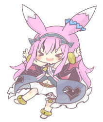  &gt;_&lt; 1girl animal_ears belt black_hairband black_jacket bracelet chibi emil_chronicle_online fang hairband homurabi jacket jewelry long_hair mitama_nanai open_mouth outstretched_arms pink_hair rabbit_ears simple_background skirt standing standing_on_one_leg white_background white_skirt 