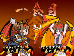 2girls alternate_costume alternate_hairstyle armpits arms_up black_eyes breasts brown_hair cloak dual_persona fighting_stance fingerless_gloves from_side gameplay_mechanics gloves hair_ribbon hamster highres hisame_shizumaru imadake_dabuchi_tabemi japanese_clothes japanese_text legs mcdonald&#039;s multiple_girls nakoruru necktie open_mouth parody ponytail ribbon samurai_spirits serious shirt skirt small_breasts smile snk thighs tongue translation_request twintails umbrella yoru_mac
