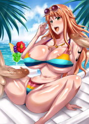 1girl 2boys bikini breasts censored chair cleavage curvy drink haikawa_hemlen head_out_of_frame hetero hip_focus huge_breasts legs long_hair multiple_boys nami_(one_piece) navel ocean one_piece open_mouth orange_hair outdoors penis sitting stomach sunglasses sunglasses_on_head swimsuit tattoo teeth thick_thighs thighs tongue wide_hips rating:Explicit score:73 user:jojosstand