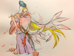  1boy bird_hat blonde_hair calligraphy_brush_(medium) closed_eyes commentary cropped_legs eyeshadow falling_petals flower hakama instrument japanese_clothes kimono long_hair lotus makeup mogura_(youtube) music ookami_(game) painting_(medium) petals pink_kimono pink_theme playing_flute playing_instrument red_eyeshadow simple_background solo tachi_(weapon) traditional_media ushiwakamaru_(ookami) very_long_hair wading watercolor_(medium) 