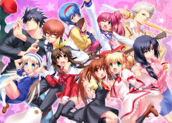  4boys 6+girls air_(visual_novel) akiko_jam angel_beats! bespectacled book clannad company_connection cosplay crossdressing doruji glasses guitar hat highres inohara_masato instrument jam kamikita_komari kanon key_(company) kurugaya_yuiko little_busters! minase_akiko minase_akiko_(cosplay) miyazawa_kengo multiple_boys multiple_girls naoe_riki natsume_kyousuke natsume_rin nishizono_mio noumi_kudryavka okazaki_ushio okazaki_ushio_(cosplay) piro piro_(cosplay) red_skirt rewrite saigusa_haruka school_uniform serafuku shinai skirt sword thighhighs trap weapon yui_(angel_beats!) yui_(angel_beats!)_(cosplay) zen 