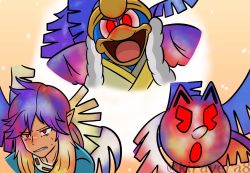 alternate_eye_color alternate_hair_color angry bandai_namco coat corruption crossover dark_persona galeem glowing glowing_eyes hal_laboratory highres king_dedede kiravera8 kirby_(series) link long_hair looking_at_viewer multicolored_hair multicolored_wings namco nintendo open_mouth pac-man pac-man_(game) possessed possession red_eyes super_smash_bros. the_legend_of_zelda watermark wings rating:Sensitive score:1 user:danbooru