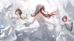  ahoge alstroemeria_(idolmaster) animal architecture bare_shoulders bird bird_on_hand blush boots breasts bridal_veil bride brown_eyes brown_hair cathedral church closed_mouth dove dress elbow_gloves european_architecture frilled_dress frills gloves gothic_architecture greatsword hair_between_eyes holding holding_shield holding_sword holding_weapon huge_ahoge huge_weapon idolmaster idolmaster_shiny_colors kuwayama_chiyuki large_breasts lifting_own_clothes long_hair looking_at_animal looking_at_viewer looking_back medium_breasts multiple_girls official_alternate_hairstyle official_art open_mouth osaki_amana osaki_tenka outdoors parted_lips red_hair scepter shield siblings sisters skirt_hold spire standing strapless strapless_dress swept_bangs sword thigh_boots tiara tower twins veil weapon wedding_dress white_bird white_boots white_dress white_gloves yellow_eyes 