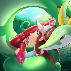  1boy 1girl blue_eyes brown_hair creatures_(company) cum cum_in_mouth cum_on_body cum_on_upper_body extra_penises fellatio game_freak gen_5_pokemon handjob hat hetero looking_at_viewer looking_back multiple_penises nintendo oral penis pokemon pokemon_(creature) pokemon_bw2 pokephilia precum rosa_(pokemon) serperior snake sudkampsin uncensored veins veiny_penis visor_cap  rating:Explicit score:109 user:dmysta3000
