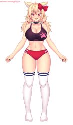  1girl ahoge animal_ears black_nails black_sports_bra blonde_hair blush bow breasts buruma cat_ears cat_girl choker cleavage collarbone fangs hair_bow indie_virtual_youtuber large_breasts long_hair looking_at_viewer low_twintails multicolored_hair navel nottytiffy open_mouth original paw_print print_sports_bra red_bow red_buruma red_eyes red_hair slit_pupils smile spiked_choker spikes sports_bra standing streaked_hair thighhighs tiffy_(nottytiffy) twintails virtual_youtuber white_background white_thighhighs 