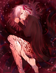  1girl absurdres bare_legs black_dress breasts commentary_request corruption dark_sakura dress fate/stay_night fate_(series) hair_ribbon heaven&#039;s_feel highres large_breasts looking_at_viewer lying matou_sakura mct on_side parted_lips partially_submerged pink_petals red_background red_eyes red_ribbon ribbon solo thighs white_hair 