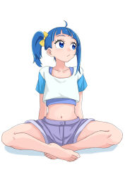  1girl absurdres barefoot blue_eyes blue_hair blue_shirt bow closed_mouth commentary cropped_shirt cut_bangs denim denim_shorts frown hair_bow hakuino_hakase highres hirogaru_sky!_precure in-franchise_crossover indian_style kimi_to_idol_precure layered_shirt looking_to_the_side medium_hair midriff navel precure purple_shorts shigure_kokoro shirt short_shorts short_sleeves shorts side_ponytail simple_background single_sidelock sitting solo sora_harewataru t-shirt white_background white_shirt yellow_bow 