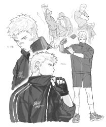  2boys 469nn bandaid bandaid_on_face bandaid_on_nose bottle chinese_commentary closed_mouth clothes_around_waist collared_jacket commentary_request covered_mouth dante_(devil_may_cry) devil_may_cry_(series) devil_may_cry_5 earrings elbow_on_knee fingerless_gloves flexing gloves head_rest highres jacket jewelry looking_ahead male_focus multiple_boys multiple_views nero_(devil_may_cry) open_clothes open_jacket pants parted_bangs piercing popped_collar prosthesis prosthetic_arm shoes short_hair shorts simple_background socks solo_focus standing stud_earrings sweat track_jacket water_bottle white_background zipper zipper_pull_tab 