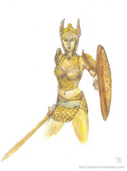  1girl anastasia-n armor black_sclera boobplate breastplate clawed_gauntlets colored_pencil_(medium) colored_sclera gold_skin gold_skirt gold_weapon golden_saint_(aureal) helmet holding holding_shield holding_sword holding_weapon looking_to_the_side midriff revealing_clothes scale_armor shield shoulder_armor standing sword the_elder_scrolls the_elder_scrolls_iv:_oblivion thighs traditional_media watermark weapon white_background winged_helmet yellow_eyes 
