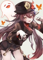 1girl :d absurdres bead_bracelet beads black_nails bracelet brown_hair bug butterfly colored_tips flower flower-shaped_pupils genshin_impact ghost ghost_pose hands_up hat hat_flower highres hitodama hu_tao_(genshin_impact) insect jewelry long_hair multicolored_hair multiple_rings nail_polish open_mouth plum_blossoms porkpie_hat red_eyes ring short_shorts shorts smile solo symbol-shaped_pupils tassel thighs twintails very_long_hair wide_sleeves yutoriko_(candy0905) rating:Sensitive score:15 user:danbooru
