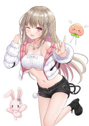  1girl absurdres ayaginu_temari bare_shoulders black_boots black_shorts boots breasts brown_hair colored_inner_hair commentary_request crop_top down_jacket flower_knot hair_ribbon half_updo highres isekai_tensei_shite_v_ni_narimashita jacket jewelry kirifrog leg_up medium_breasts midriff multicolored_hair navel necklace off_shoulder one_eye_closed open_clothes open_jacket open_mouth pink_eyes pink_hair ribbon shirt short_shorts shorts simple_background sleeveless sleeveless_shirt smile solo stomach stuffed_animal stuffed_rabbit stuffed_toy thighs two-tone_hair underboob unzipped virtual_youtuber white_background white_jacket white_shirt 