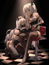 2girls bdsm bitchsuit black_bow black_bra black_gloves black_panties black_ribbon blue_eyes bound bound_arms bound_legs bow bra breasts bronya_zaychik chinese_commentary commentary_request elbow_gloves full_body ginklaga gloves hair_bow hair_ribbon high_heels highres honkai_(series) honkai_impact_3rd human_dog long_hair medium_breasts multicolored_hair multiple_girls paid_reward_available panties pet_play ribbon small_breasts theresa_apocalypse thighhighs two-tone_hair underwear white_hair rating:Questionable score:80 user:danbooru