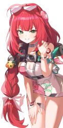  1girl absurdres ahoge bare_shoulders bow bracelet breasts camera cleavage collarbone commentary cowboy_shot eyewear_on_head fingernails gosmfl green_eyes hair_bow hand_on_own_thigh hand_up hearing_aid heart_sticker highres jewelry leaning_forward long_hair looking_at_viewer low-braided_long_hair low-tied_long_hair medium_breasts nail_polish official_alternate_costume one-piece_swimsuit pink_one-piece_swimsuit red_hair simple_background solo sphere_hair_ornament sticker_on_face sunglasses swimsuit thigh_gap thigh_strap thighs two-tone_one-piece_swimsuit ukinami_yuzuha ukinami_yuzuha_(tanuki_in_broad_daylight) very_long_hair white_background white_bow white_one-piece_swimsuit yellow_nails zenless_zone_zero 