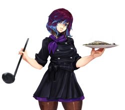  1girl barbariank black_desert blue_eyes blue_hair chef cooking earrings facial_mark female_focus fish food jewelry ladle multicolored_hair plate purple_eyes purple_hair scarf smile solo sorcerer_(black_desert) two-tone_hair  rating:Sensitive score:6 user:Touchtail