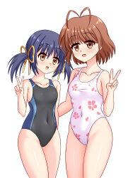  2girls antenna_hair black_one-piece_swimsuit blue_hair blush brown_eyes brown_hair cameltoe clannad collarbone commission competition_swimsuit covered_navel floral_print furukawa_nagisa highleg highleg_one-piece_swimsuit highres multicolored_swimsuit multiple_girls one-piece_swimsuit pixiv_commission ribbon short_hair simple_background smile sunohara_mei swimsuit tamba_i thighs twintails v white_background white_one-piece_swimsuit yellow_ribbon 