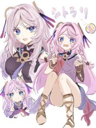  blue_eyes braid chibi citlali_(genshin_impact) dress embarrassed genshin_impact h_09ii hair_ornament looking_at_viewer multiple_views pink_hair purple_dress sketch translation_request writing 
