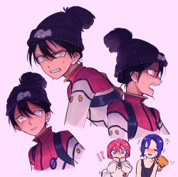  !? 1boy 2girls absurdres amate_yuzuriha beanie black_hair black_hat black_shirt bodysuit clenched_teeth closed_eyes commentary conch_(gundam) covering_own_mouth gundam gundam_gquuuuuux haro hat highres mecha_pilot_suit multiple_girls multiple_views nyaan_(gundam_gquuuuuux) open_mouth pink_background pom_pom_(clothes) pom_pom_beanie red_hair shirt shuji_ito simple_background sleeveless sleeveless_shirt sweatdrop sweater tanukimo_imo teeth white_sweater yellow_eyes 