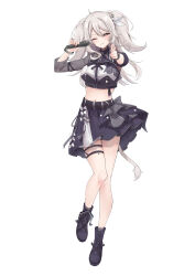  1girl absurdres ahoge alternate_costume animal_ear_piercing animal_ears asymmetrical_sleeves black_boots black_eyes black_nails black_shirt black_skirt blush boots bracelet breasts closed_mouth commentary crop_top cropped_shirt double-parted_bangs finger_gun framed_breasts full_body grey_hair hair_ribbon highres holding holding_microphone hololive jewelry lace-up_boots layered_skirt lion_ears lion_girl lion_tail long_hair looking_at_viewer medium_breasts microphone midriff miniskirt mismatched_sleeves nail_polish navel nerorigogo one_eye_closed pleated_skirt pointing pointing_at_viewer ribbon see-through_clothes see-through_sleeves shirt shishiro_botan simple_background skirt smile solo standing symbol-only_commentary tail thigh_strap two_side_up virtual_youtuber white_background white_ribbon 