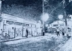 1girl ambiguous_gender ballpoint_pen_(medium) bicycle black_sky convenience_store greyscale hatching_(texture) highres holding holding_umbrella japan kyoto lamppost monochrome night original pen_(medium) power_lines real_world_location road scenery shop sky street town traditional_media umbrella user_nnxt5288