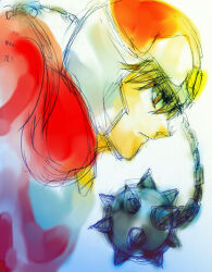  1boy armor bad_id bad_pixiv_id brown_eyes brown_hair final_fantasy final_fantasy_mystic_quest headshot helmet mace male_focus red_(ffmq) sketch spiked_mace spikes weapon 