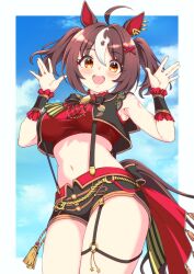  animal_ears arms_at_sides blush breasts brown_eyes brown_hair commentary_request gran_alegria_(umamusume) hair_between_eyes hair_ornament highres horse_ears horse_girl horse_tail kaicho_(kaicho_p) looking_at_viewer medium_breasts medium_hair midriff navel open_mouth shorts tail umamusume x_hair_ornament 