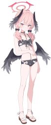 1girl absurdres bikini black_bikini black_bow black_wings blue_archive bow commentary_request flat_chest floral_print front-tie_bikini_top front-tie_top full_body hair_bow halo head_wings highres jyt koharu_(blue_archive) koharu_(swimsuit)_(blue_archive) looking_at_viewer low_wings medium_hair official_alternate_costume pink_hair red_halo sandals simple_background solo standing swimsuit toes twintails white_background wings rating:Sensitive score:52 user:danbooru