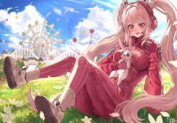  1girl alice_(nikke) animal animal_ear_headphones animal_ears arm_support blue_sky bodysuit breasts cloud cloudy_sky commentary day english_commentary fake_animal_ears ferris_wheel gloves goddess_of_victory:_nikke grass headphones highres holding holding_animal holding_rabbit impossible_bodysuit impossible_clothes knees_up latex latex_bodysuit looking_at_animal medium_breasts minus_zero69 on_ground outdoors pink_bodysuit pink_eyes pink_gloves pink_headphones rabbit revision shrug_(clothing) skin_tight sky socks twintails white_hair white_socks 
